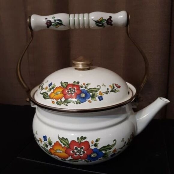 Vtg Teapot Kettle By R.B. Bernarda Portugal Botanical Floral Flowers w/ Handle - Picture 1 of 12